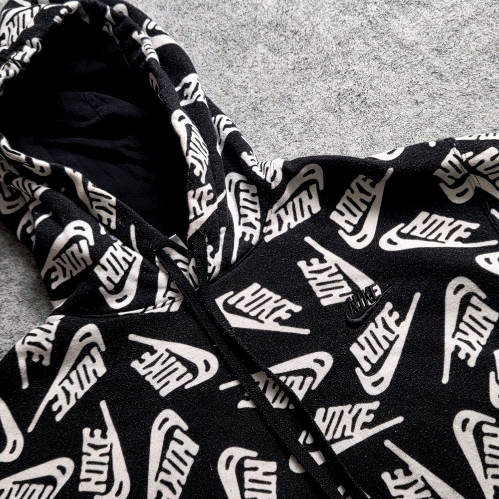 Nike Hoodie Men's XS Black White All Over Print Pullover Sweatshirt Streetwear